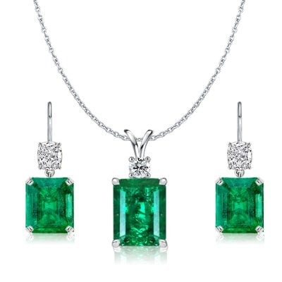 Italo Emerald Cut Emerald Necklace & Drop Earrings Jewelry Set