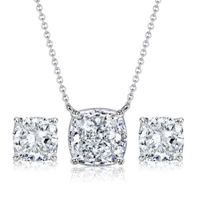 Italo Solitaire Cushion Cut Necklace & Stud Earrings Jewelry Set