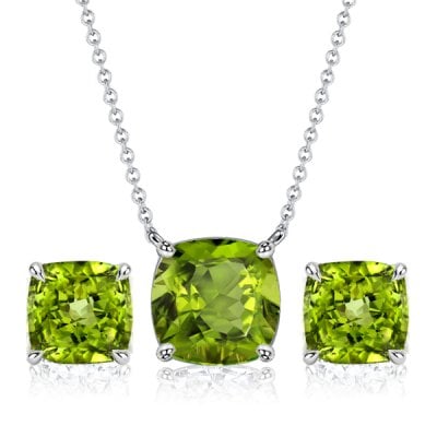 Italo Peridot Cushion Cut Necklace & Stud Earrings Jewelry Set