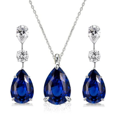 Italo Blue Sapphire Pear Shaped Necklace & Earrings Jewelry Set
