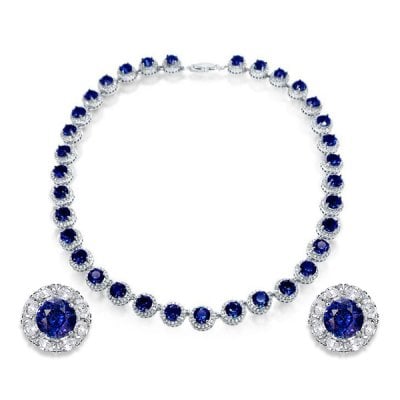 Italo Blue Sapphire Halo Tennis Necklace & Stud Earrings Jewelry Set