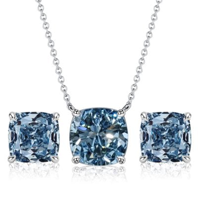 Italo Solitaire Cushion Cut Blue Topaz Earrings & Necklace Jewelry Set