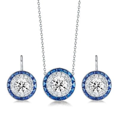 Italo Halo White & Blue Sapphire Necklace & Drop Earrings Jewelry Set