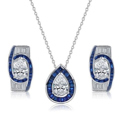 Italo Art Deco Pear Cut Blue Sapphire Necklace & Earrings Jewelry Set