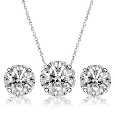 Italo Vintage Round Cut White Sapphire Necklace & Earrings Jewelry Set