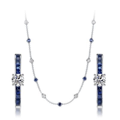 Italo Round & Princess Cut Blue Sapphire Necklace & Earrings Jewelry Set