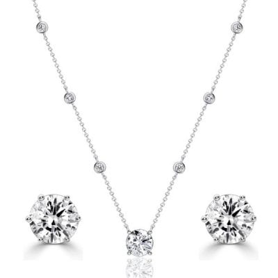 Italo Bezel Setting Round Cut Necklace & Earrings Jewelry Set
