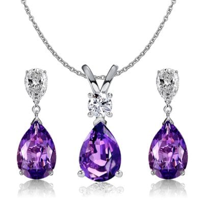 Italo Pear Cut Amethyst Drop Earrings & Necklace Jewelry Set