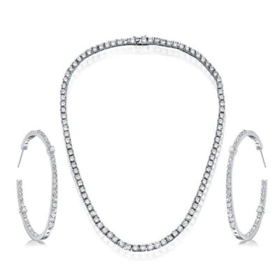 Italo Round Cut White Sapphire Necklace & Hoop Earrings Jewelry Set