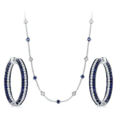 Italo Secure Round Cut White & Blue Sapphire Hoop Earrings & Necklace Jewelry Set