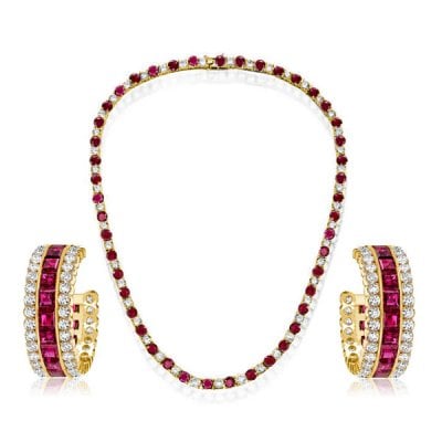 Italo Golden Asscher & Round Cut Ruby Earrings & Necklace Jewelry Set
