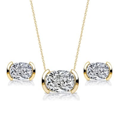 Italo Golden Half Bezel Cushion Cut Necklace & Earrings Jewelry Set