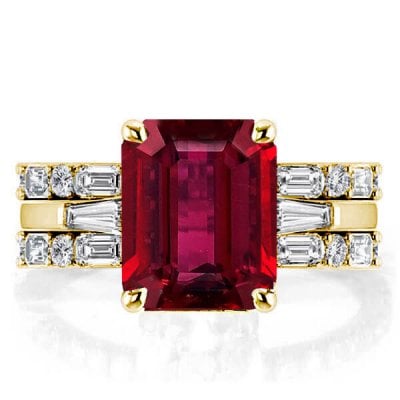 Italo Ruby Ring Emerald Cut Travel Engagement Ring set 3PC Wedding Set