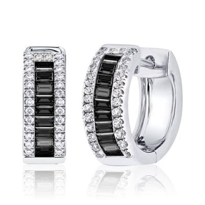 Italo Black Baguette & Round Cut Triple Row Sliver Hoop Earrings
