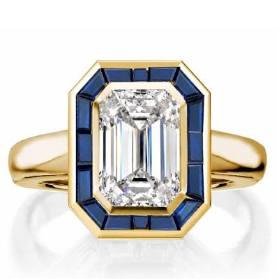 Italo Emerald Cut Bezel Set Moissanite Ring with Blue Sapphire Baguette Halo