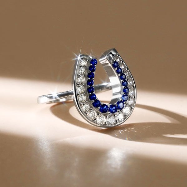 White & Blue Sapphire Womens Horseshoe Ring Engagement Ring