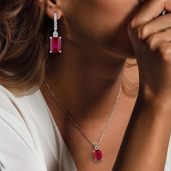 Ruby Sapphire Emerald Cut Red Earrings And Necklace Sets | Italo