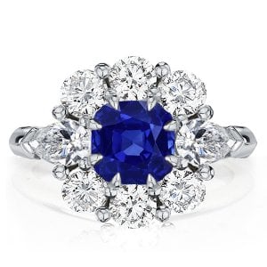 Flower Design Cushion Cut Blue Sapphire Engagement Ring