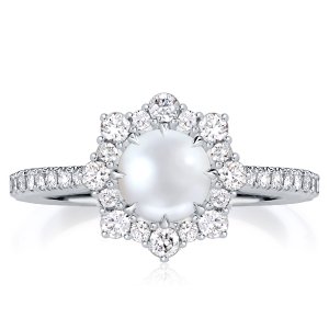 Halo Pearl Engagement Ring In Sterling Silver