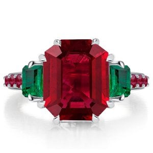 Italo Ruby Ring Emerald Cut Unique Engagement Ring Three Stone Ring