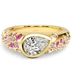 Italo Golden Pear Cut Pink Sapphire Ring Bezel Set Unique Engagement Rings