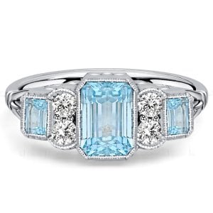 Italo Milgrain Bezel Emerald Cut Aquamarine Ring Vintage Engagement Rings