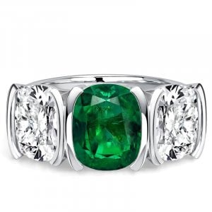 Italo Half Bezel Emerald Sapphire Cushion Cut Three Stone Engagement Ring For Women