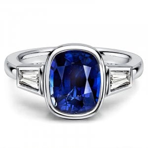 Italo Bezel Setting Blue Sapphire Cushion Cut Three Stone Engagement Ring