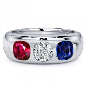 Italo Three Stone Ruby & Blue Sapphire Cushion Cut Engagement Ring For Women