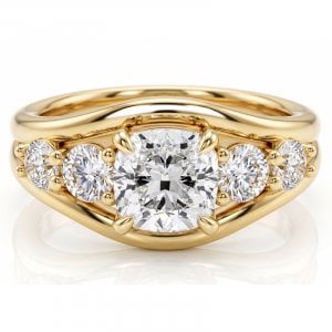 Italo Golden Split Shank Five Stone Cushion Cut Engagement Ring For Women