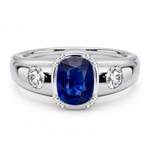 Italo Bezel Setting Blue Sapphire Cushion Cut Three Stone Ring