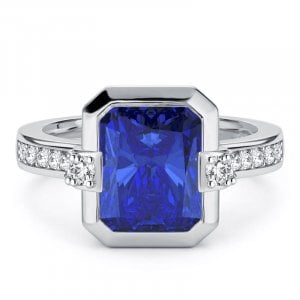 Italo Bezel Set Side Stone Blue Sapphire Radiant Cut Unique Engagement Ring