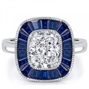 Italo Art Deco Bezel Setting Blue Sapphire Cushion Cut Engagement Ring For Women
