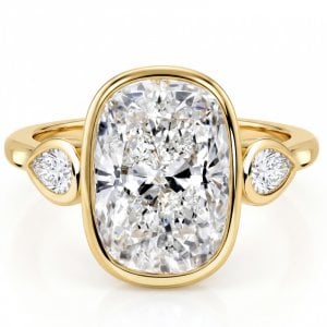 Italo Three Stone Bezel Set 5 Carat Elongated Cushion Cut Engagement Ring