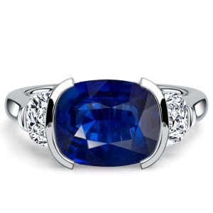 Italo Half Bezel Cushion Cut Blue Sapphire Ring Three Stone Ring For Women
