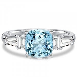 Italo 3 Carat Cushion Cut Aquamarine Three Stone Engagement Ring For Women