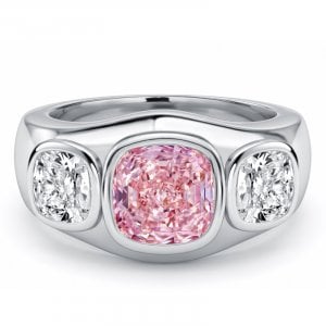 Italo Bezel Setting Pink Sapphire 2 Catat Cushion Cut Three Stone Rings