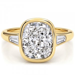 Italo Golden Bezel Setting 5 Carat Elongated Cushion Three Stone Rings