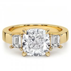 Italo Golden 3 Carat Cushion Cut Three Stone Ring with Emerald Cut Accents