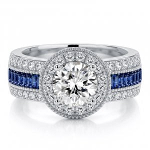 Italo Art Deco Round Cut Blue Sapphire Halo Engagement Ring For Women