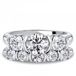 Italo Half Bezel Round Cut Three Stone Engagement Ring Set Bridal Set
