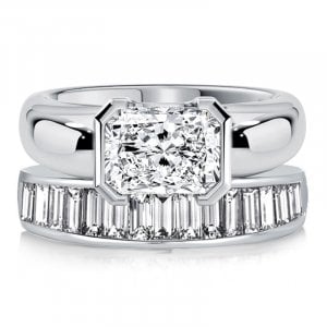 Italo Half Bezel Radiant Cut Solitaire Engagement Ring Set Bridal Set