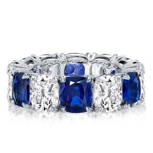 Classic Blue & White Cushion Eternity Wedding Band For Women