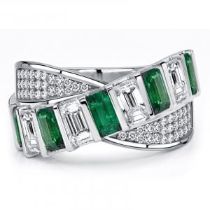 Italo Emerald Cut Emerald & White Sapphire Criss-Cross Wedding Band Ring