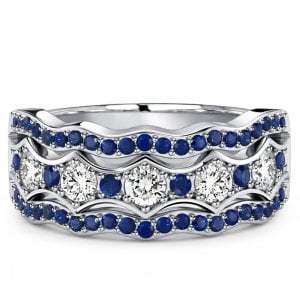 Italo Triple Row Round Cut Blue Sapphire Half Eternity Band Ring For Women