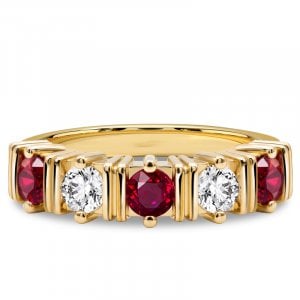 Italo Half Bezel White & Ruby Five Stone Wedding Band Ring For Women