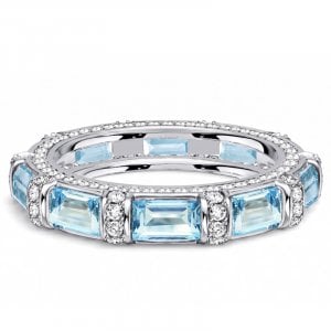 Italo Half Bezel Emerald Cut Aquamarine Wedding Band Ring For Women