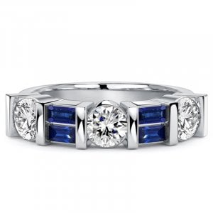 Italo Half Bezel Round Cut Blue & White Sapphire Band Ring For Women