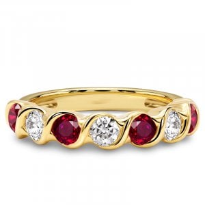Italo Half Bezel Round Cut White & Ruby Band Ring For Women