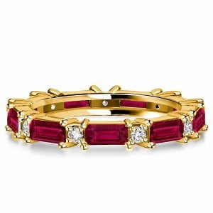 Italo Golden Emerald Cut Ruby Eternity Wedding Band Ring For Women